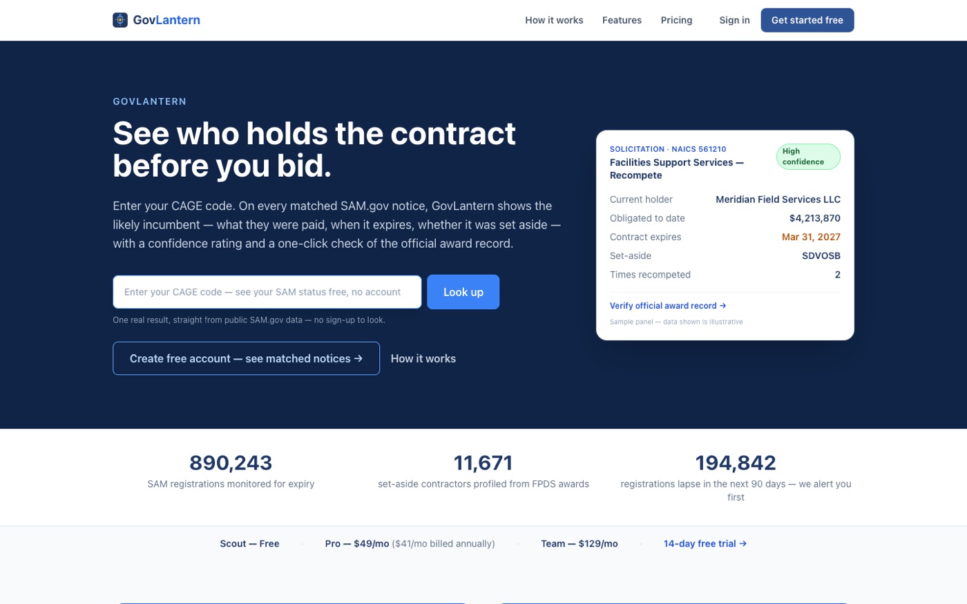 GovLantern website showing incumbent contract intel